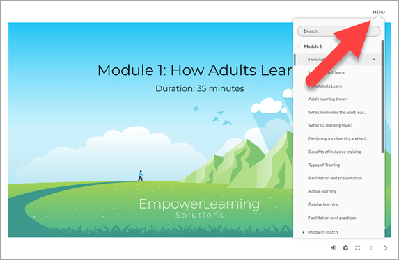 Course title page. Arrow is pointing to the location of the menu link on the top right corner of the screen. The menu is open showing screen titles.