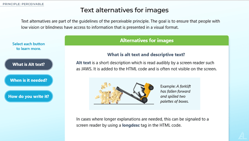 Text alternatives for images include learning what is alt text, when is it needed, how do you write an alt text.